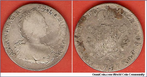 1/8 ducaton of the Austrian Netherlands, struck in Antwerp (mintmark hand) in name of empress Maria Theresia.
Titles say: Maria Theresia, by the grace of God Roman empress, queen of Germany, Bohemia and Hungary, archduchess of Austria, duchess of Burgundy and Brabant, countess of Flanders