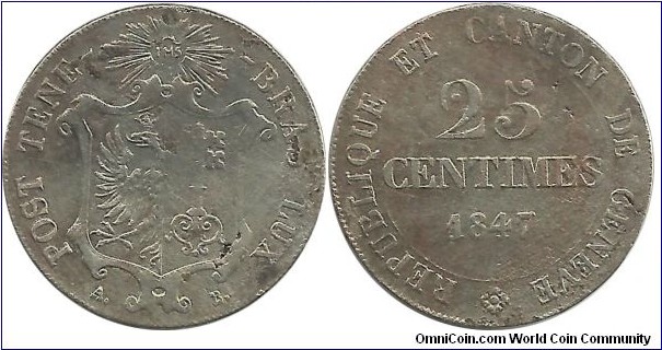 Switzerland-Geneva Canton 25 Centimes 1847 A.-B. (KM#136)
