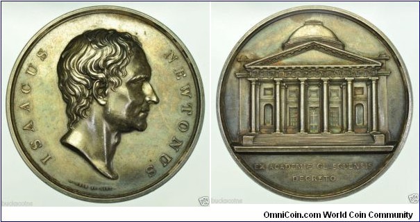 1840 UK Isaac Newton Glasglow University Medal by W. Wyon. Silver: 51MM
Obv:  Portrait of Isaac Newton (1642-1727), legend ISAACUS NEWTONUS signed W. Wyon & C Mint. Rev: Façade of Glasglow University. Legend EX ACADEMIAE GLASGUENSIS DECRETO.
