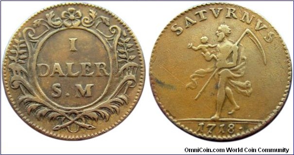 1718 Sweden 1 Daler Coin Saturne holds baby and scythe SATVRNVS - prototype for Russian Denga design