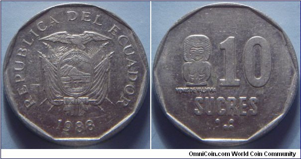 Ecuador | 
10 Sucres, 1988 | 
24 mm, 6.17 gr. | 
Nickel clad Steel | 

Obverse: National Coat of Arms, date below | 
Lettering: REPUBLICA DEL ECUADOR 1988 | 

Reverse: Denomination, Venus of Valdivia left, Braille denomination bottom | 
Lettering: VENUS DE VALDIVIA 10 SUCRES ⠁⠚ |