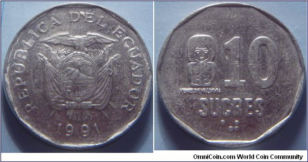 Ecuador | 
10 Sucres, 1991 | 
24 mm, 6.17 gr. | 
Nickel clad Steel | 

Obverse: National Coat of Arms, date below | 
Lettering: REPUBLICA DEL ECUADOR 1991 | 

Reverse: Denomination, Venus of Valdivia left, Braille denomination bottom | 
Lettering: VENUS DE VALDIVIA 10 SUCRES ⠁⠚ |