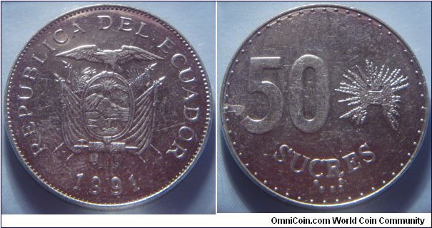 Ecuador | 
50 Sucres, 1991 | 
29 mm, 8.45 gr. | 
Nickel clad Steel | 

Obverse: National Coat of Arms, date below | 
Lettering: REPUBLICA DEL ECUADOR 1991 | 

Reverse: Denomination, Inca 