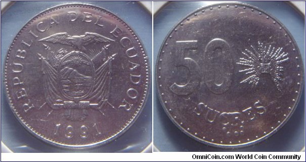 Ecuador | 
50 Sucres, 1991 | 
29 mm, 8.45 gr. | 
Nickel clad Steel | 

Obverse: National Coat of Arms, date below | 
Lettering: REPUBLICA DEL ECUADOR 1991 | 

Reverse: Denomination, Inca 