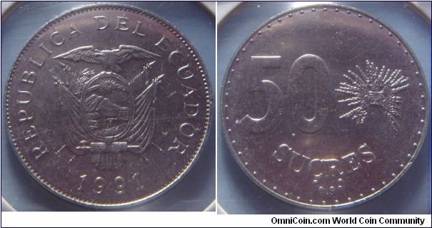 Ecuador | 
50 Sucres, 1991 | 
29 mm, 8.45 gr. | 
Nickel clad Steel | 

Obverse: National Coat of Arms, date below | 
Lettering: REPUBLICA DEL ECUADOR 1991 | 

Reverse: Denomination, Inca 