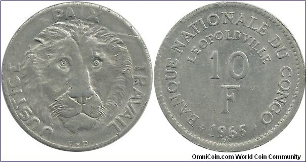 Congo-Leopoldville 10 Francs 1965