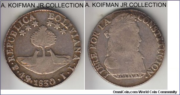 KM-96a.2, 1830 Bolivia 4 sol, Potosi mint (PTS mint mark), JL essayer; silver, reeded and lettered edge; variety with additional mintmark at the bottom of the island, much scarcer than what KM is suggesting, fine plus to about very fine condition.