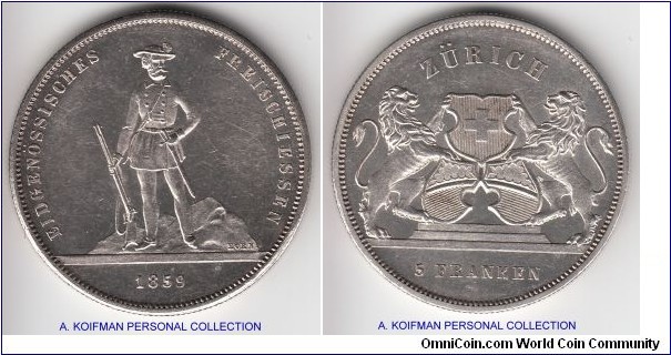 KM-X#S5, 1859 Switzerland 5 franc shooting thaler; silver, reeded edge; Basel shooting thaler, not bad, mintage 6,000.