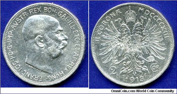 2 Corona.
Austia-Hungary Empire.
Franc Ioseph I (1848-1916).
Mintage 7,256,002 units.


Ag835f. 10,0gr.
