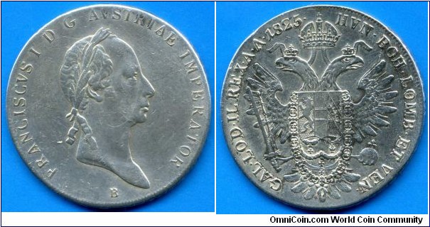 1 Thaler.
Austrian Empire.
Francisk I (1805-1835).
*B* - Kremnitz mint.
Mintage 15,000 units.


Ag833f. 28,06gr.