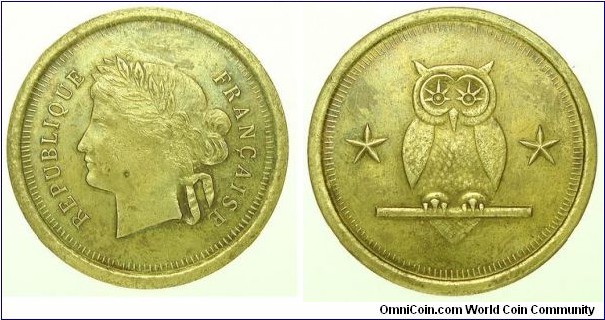 1900 o.j. France Owl Medal. Gilted Bronze: 38MM
Obv: Legend REPUBLIQUE FRANÇAISE.  Cérès facing left with wreath head band. Rev: Owl resting on rod with star on each side.
