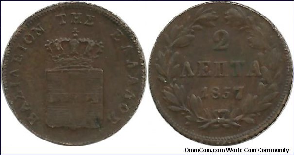 GreeceKingdom 2 Lepta 1857
King Othon I (1832-1862)