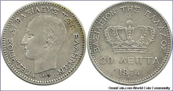 GreeceKingdom 20 Lepta 1874A
King George I(1863-1913)