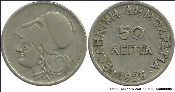 GreeceRepublic 50 Lepta 1926