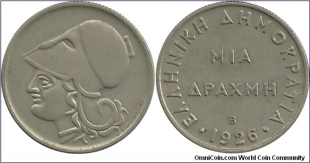 GreeceRepublic 1 Drahmi 1926B(1930)