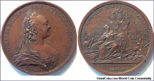 Bronze medal commemorating the foundation of the Moscow University in 1754. The portrait is by Jacques Antoine Dassier.