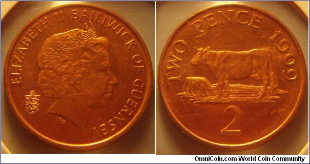 Guernsey | 
2 Pence, 1999 | 
25.91 mm, 7.12 gr. | 
Copper plated Steel | 

Obverse: Queen Elizabeth II facing right, National Coat of Arms left | 
Lettering: ELIZABETH II BAILIWICK OF GUERNSEY | 

Reverse: Guernsey Cows, date right, denomination below | 
Lettering: TWO PENCE 1999 2 |