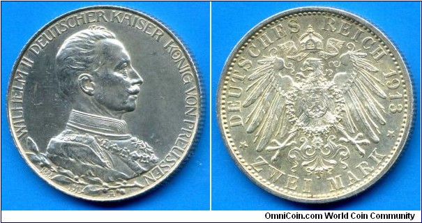 2 Mark.
German Empire.
Prussia.
Wilhelm II (1888-1918). 25 years of rule.
*A* - Berlin mint.
Mintage 1,000,000 units.


Ag900f. 16,667gr.