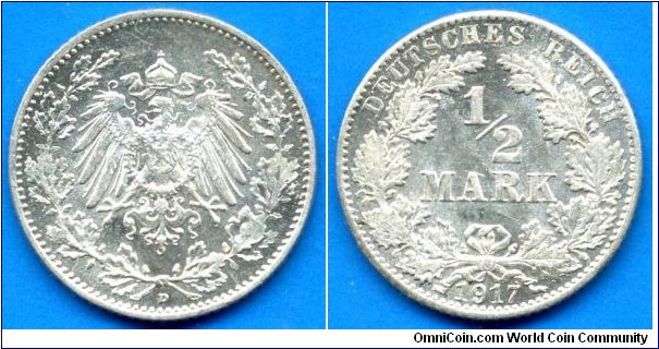 1/2 Mark.
German Empire.
*D* - München mint.


Ag900f. 2,777gr.