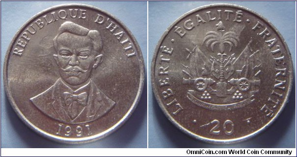 Haiti | 
20 Centimes, 1991 | 
26.2 mm, 7.54 gr. | 
Copper-nickel | 

Obverse: Charlemagne Masséna Péralte, date below | 
Lettering: RÉPUBLIQUE D’HAÏTI 1991 | 

Reverse: National Coat of Arms, denomination below | 
Lettering: • LIBERTÉ•ÉGALITÉ•FRATERNITÉ • 20 |