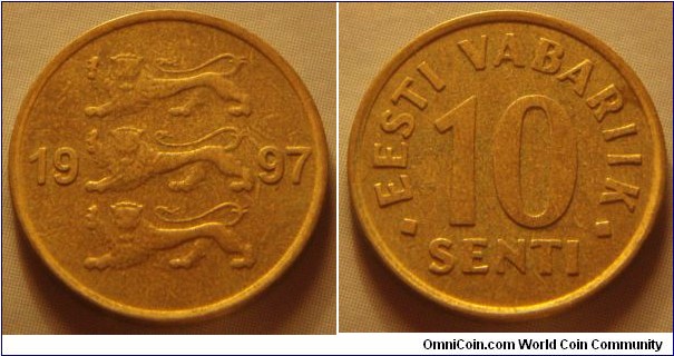 Estonia | 
10 Senti, 1997 | 
17.2 mm, 1.87 gr. | 
Aluminium-bronze | 

Obverse: Three lions divide date | 
Lettering: 1997 | 

Reverse: Denomination | 
Lettering: •EESTI VABARIIK•10 SENTI |