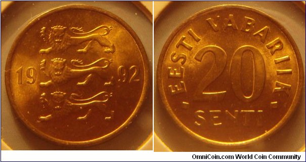 Estonia | 
20 Senti, 1992 | 
18.95 mm, 2.27 gr. | 
Aluminium-bronze | 

Obverse: Three lions divide date | 
Lettering: 1992 | 

Reverse: Denomination | 
Lettering: • EESTI VABARIIK • 20 SENTI |