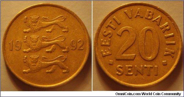 Estonia | 
20 Senti, 1992 | 
18.95 mm, 2.27 gr. | 
Aluminium-bronze | 

Obverse: Three lions divide date | 
Lettering: 1992 | 

Reverse: Denomination | 
Lettering: • EESTI VABARIIK • 20 SENTI |