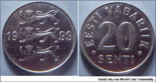 Estonia | 
20 Senti, 1999 | 
18.95 mm, 2 gr. | 
Nickel plated Steel | 

Obverse: Three lions divide date | 
Lettering: 1999 | 

Reverse: Denomination | 
Lettering: • EESTI VABARIIK • 20 SENTI |