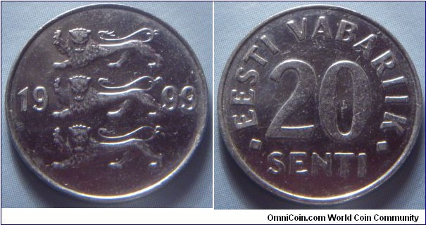 Estonia | 
20 Senti, 1999 | 
18.95 mm, 2 gr. | 
Nickel plated Steel | 

Obverse: Three lions divide date | 
Lettering: 1999 | 

Reverse: Denomination | 
Lettering: • EESTI VABARIIK • 20 SENTI |