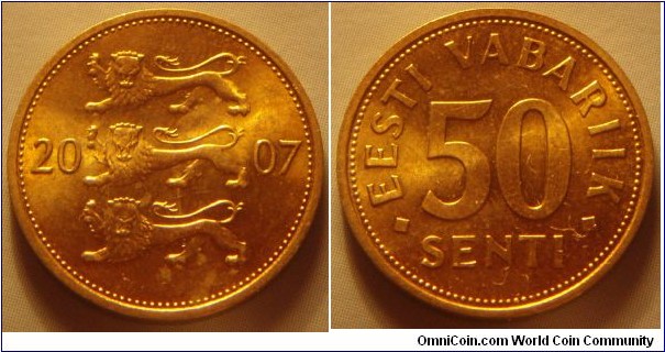 Estonia | 
50 Senti, 2007 | 
19.5 mm, 2.99 gr. | 
Aluminium-bronze | 

Obverse: Three lions divide date | 
Lettering: 2007 | 

Reverse: Denomination | 
Lettering: • EESTI VABARIIK • 50 SENTI |