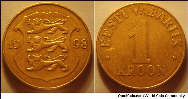 Estonia | 
1 Kroon, 1998 | 
23.25 mm, 5 gr. | 
Nordic Gold | 

Obverse: Three lions within shield divide date | 
Lettering: 1998 | 

Reverse: Denomination | 
Lettering: • EESTI VABARIIK • 1 KROON |