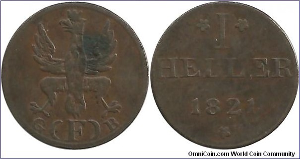 GermanState-Frankfurt 1 Heller 1821 G(F)B