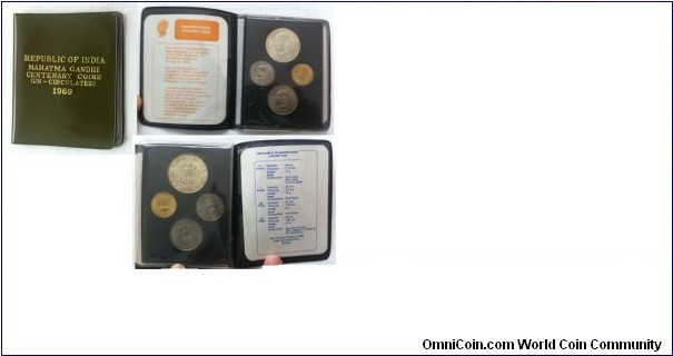Mahatma Gandhi Commemorative 4 Coin Set. Green Case - rare.