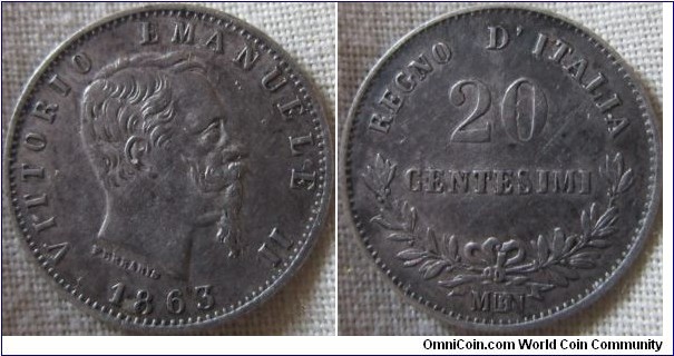 1863 20 centesimi, EF grade, toned