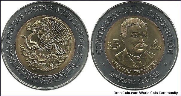 Mexico 5 Pesos 2009 - Centennary of the Revolution (Eulalio Gutiérrez)