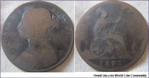 1892 penny, fair grade