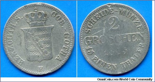 2 groschen.
Sachsen-Coburg-Gotha.
Ernst II (1844-1893).
Mintage 81,000 units.


Ag312f. 3,11gr.