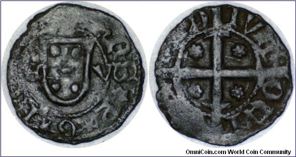 Portugal  Don Joao I  1385-1433 Mint Evora
0.7 gms  14 mm  Possibly ¼ Soldos
o  Shield with E V around  [Ih]NS*D*G*R[EX*PO]
r   Cross of 4 swords with rosettes in each quadrant [A]DIVTORI[VN:N]
