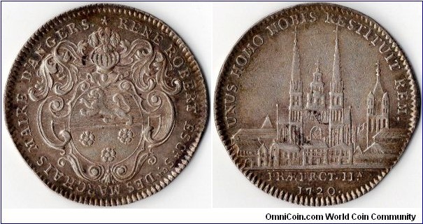 silver jeton issued for Rene Robert, Mayor of the city of Angers in 1720. reverse shows view of cathedral and city