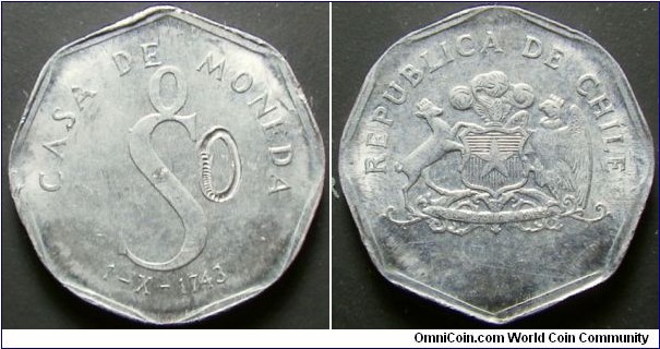 Chile trial strike (?). Probably issued around 1990s. Looks like a similar planchet used to strike current 5 peso. Probably issued around 1990s. Struck in aluminum. Weight: 0.72g. 