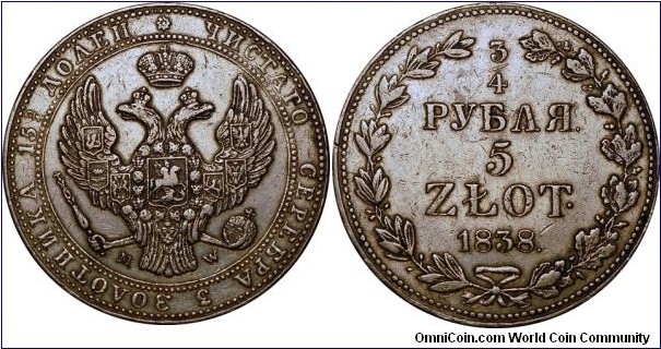 Russia Poland 3/4 Ruble 5 Zlot 1838MW Nikolai I 