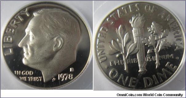1978 S cameo Proof Dime, slightly misaligned dies