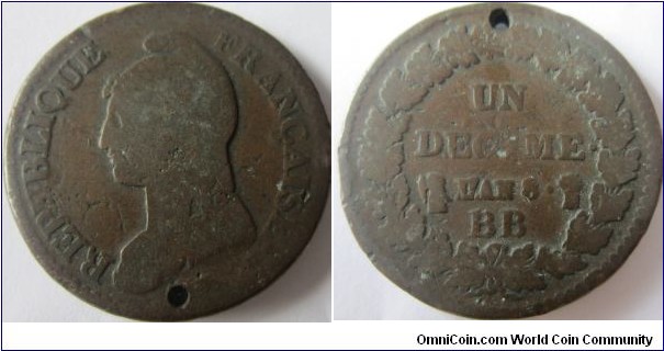 worn and holed UN DECIME L'AN8 BB mintmark