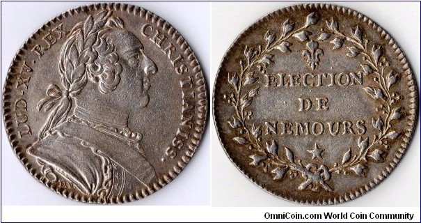 Silver jeton (undated) struck circa 1746 for the Election de Nemours 9reconfirmation of allegiance of Nemours to the king of France).