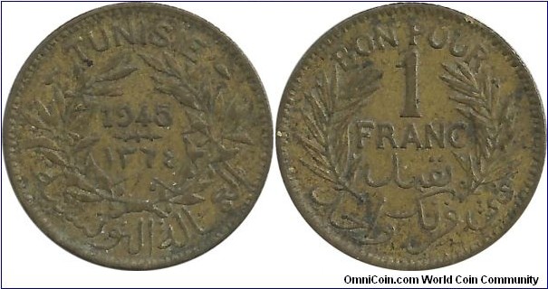 Tunusia-French 1 Franc 1364-1945