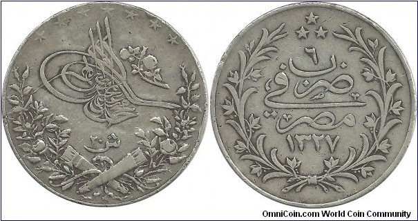 Egypt-Ottoman 20 Kurus 1327-6H (1915)