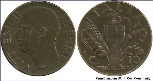 Italy-Kingdom 10 Centesimi 1943R-XXI