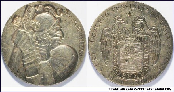 Peru Pizzaro Commemorative 400th Anniversary 1535-1935 Silver Medal. Incused design of medal. Lovely example. Concejo Provisional. Extremely fine.