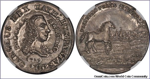 Spain, Reino de España. Carlos III (1759-1788 AD). Barcelona Proclamation Medal (Commemorating the Proclamación Españolas), 2 Reales, 1759. 6.2 grams, 29.1mm, Silver. Obverse: Small bust. Reverse: In concentric legends CAROLUS REX CATH. HISPANIAR III/ PROCLAM - BARCINO. Rev. PRISTINA PRATA RIDENT (the meadows of old laugh), unbridled horse right; fortifications of Barcelona in the background. Medallas Españolas NL-41; Crusafont i Sabater, Medalles 218. NGC-MS61. Very scarce especially this nice.
