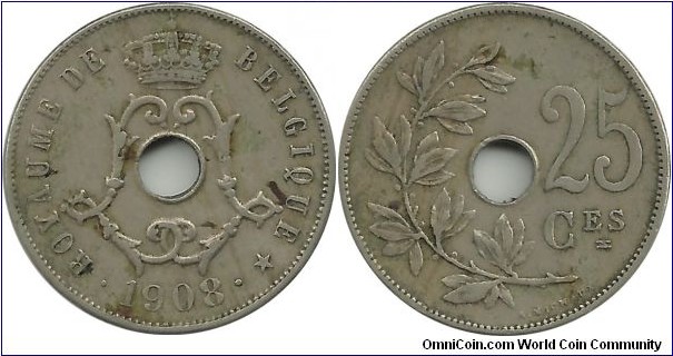 Belgium 25 Centimes 1908-Fr